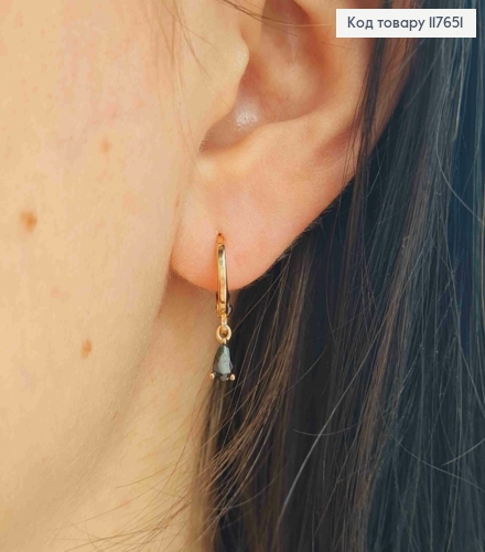 Серьги кольца с подвесным черным камешком, диаметр 1,1см, Xuping 18к. 117651 фото 3