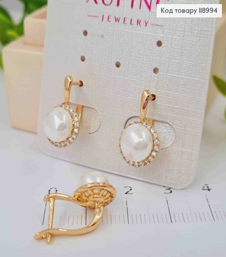Серьги с жемчужиной в оправе из камней, 1,7см, английская застежка, XUPING 18K 118994 фото 3