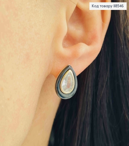 Серьги "Капельки" украшены Черной эмалью и Блестящим камнем, 1,5см, англ. застежка,Xuping 18К 118546 фото 3