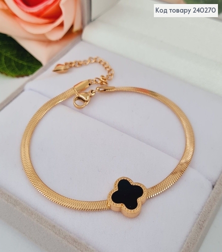 Браслет 18+5см Van Cleef "Совершенство" плоский снейк с чёрной эмалью, цвет золотой, Stainless Steel 240270 фото 2