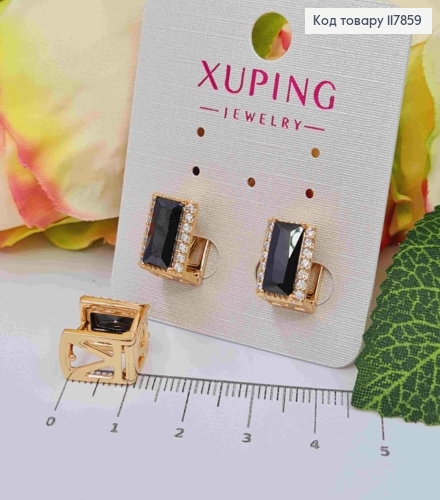 Серьги кольца, "Квадратные" с большим Чёрным камешком, 1,1*0,8см, Xuping 18К 117859 фото 2