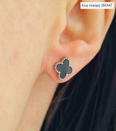 Серьги гвоздики, серебряного цвета, с черной эмалью, "Van Cleef", 9мм, сталь Stainless Steel 260147 фото 2