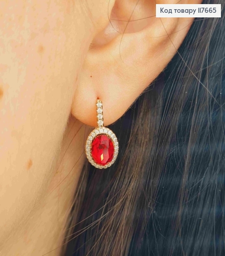 Серьги с Красными камнем Сваровски в оправе из камушков, 1,7см, английская застежка, XUPING 18K 117665 фото 3