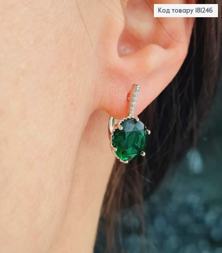 Сережки родованные, "Загадка" с большим Зеленым камешком, 1,8см, англ. застежка, Xuping 181246 фото 2