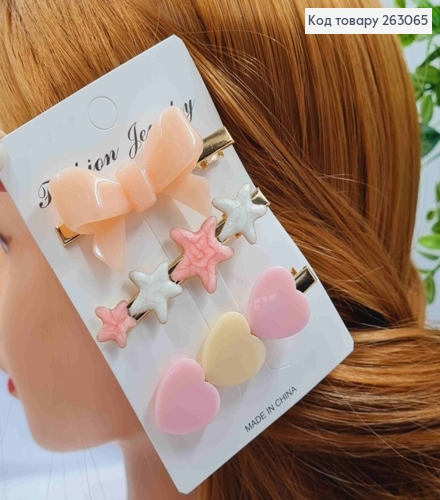 Набор детских заколок стрела (3шт) "Сердце-Звезда-Бантик", Перламутровых цветов, 6см 263065 фото 2