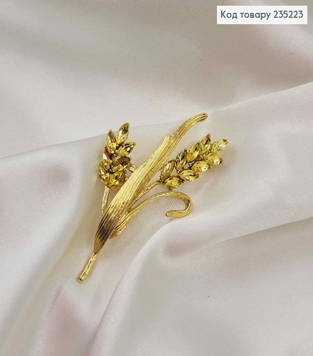 Брошь "Два колоска", золотого цвета, с камешками, 6см. 235223 фото 3