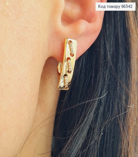 Серьги пластинки, с тремя шелчиками в камнях, 2см, англ. зам. Xuping 18K 116542 фото 2