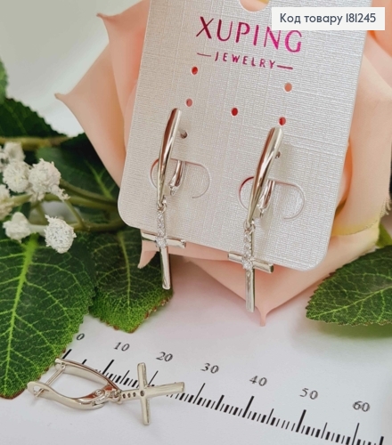 Серьги кольца родованные, с подвесками Крестиками в камешках, 1,5см, Xuping 181245 фото 2
