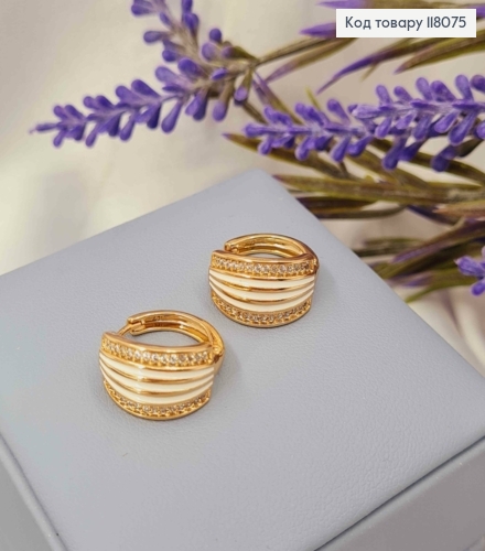 Серьги кольца с Камешками и Белой эмалью, диаметр 1,6см, Xuping 18К. 118075 фото 2
