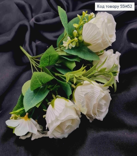 Искусственная композиция Розы с Жасмином, БЕЛОГО цвета, 7 веточек на металлическом стержне, высота 33см. 551452 фото 3