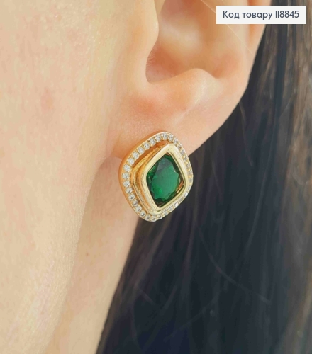 Сережки "Очі Сфінкса" з Зеленим каменем в оправі з камінців, 1,4см, англ. застібка, Xuping 18К 118845 фото 3
