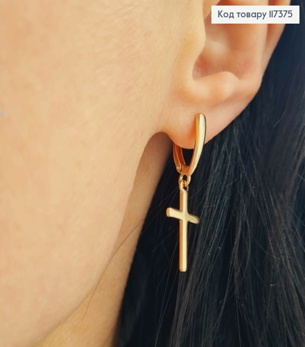 Серьги с подвесным крестиком, длина 1,5+1,7*1см, англ застежка, XUPING 18K 117375 фото 2