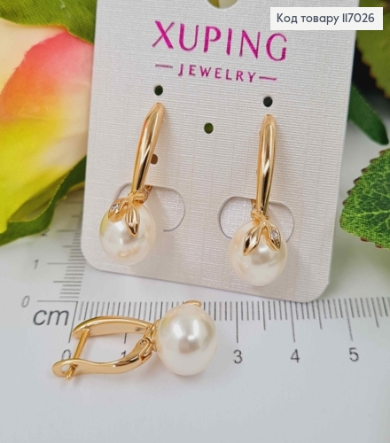 Серьги 2,5см с жемчужиной и листочком, англ. зам. Xuping 18K 117026 фото 2