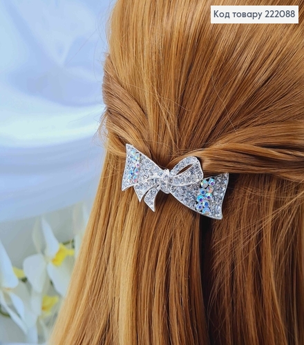 Заколка автомат металл 6*2,5см Бантик в камешках серебряного цвета 222088 фото 3