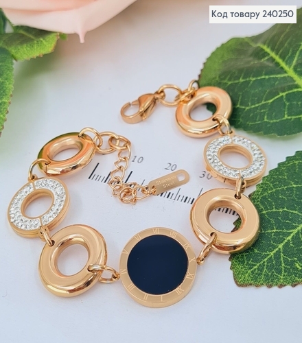 Браслет 19+6 см Римские часы с чёрной эмалью и камушками, цвет золотой, Stainless Steel 240250 фото 2