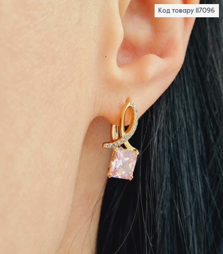 Сережки "Петелька" в камінчиках, з Рожевим камінцем, 1,9см, Xuping 18K  117096 фото 2