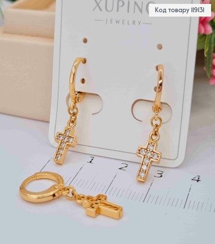 Серьги кольца (1,1см) с подвесным крестом в блестящих камнях (1,2*0,6см), XUPING 18K 119131 фото 3