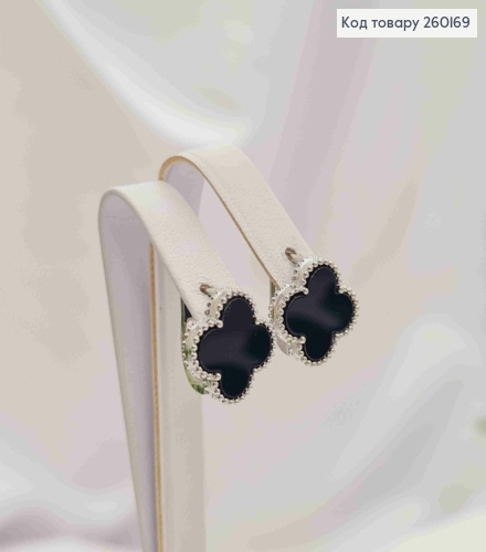 Серьги серебряного цвета, Van Cleef с черной эмалью (1,4см), англ. застежка, Fashion Jewelry 260169 фото 2