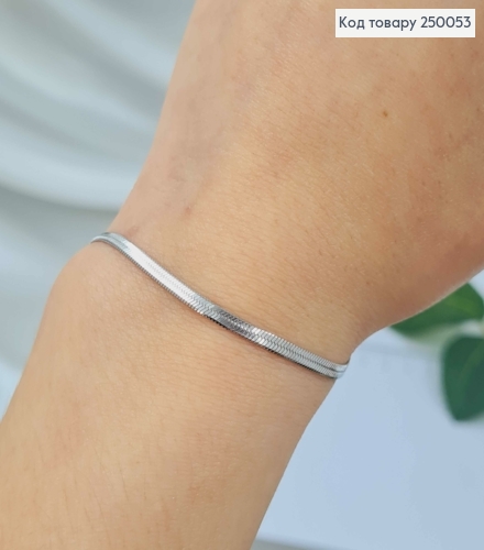 Браслет плоский серебряного цвета, ширина 3мм, длина 19+3см, сталь Stainless Steel 250053 фото 2