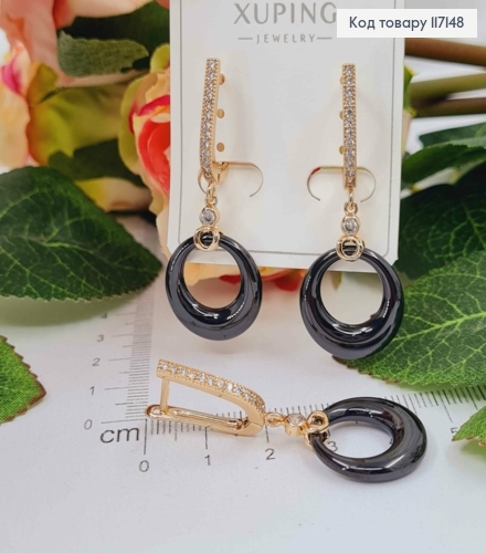 Сережки 1,7см  "ОРИГІНАЛЬНІ" з ЧОРНОЮ круглою підвіскою діаметром 1,8см,XUPING 18K 117148 фото 2