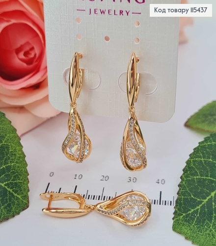 Сережки "Течія" з камінцем, 2,5см, англ. заст. Xuping 18K  115437 фото 2