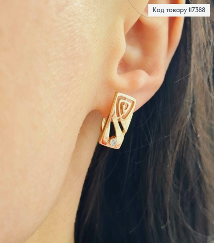 Сережки "Час" прямокутна пластина з камінцем, 1,6*0,8см, англ застібка, XUPING 18K 117388 фото 2