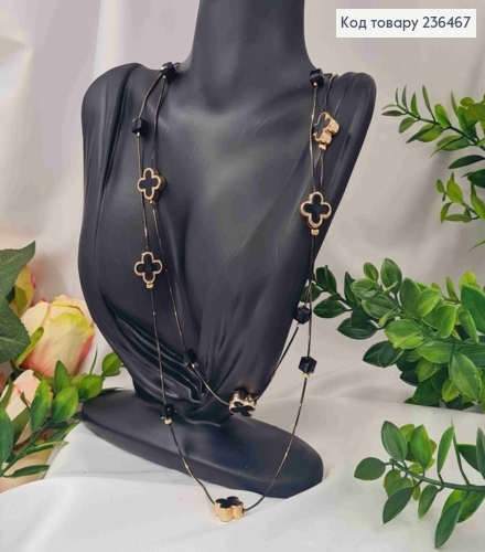 Бижутерия двойная на шею с Van Cleef и квадратными бусинами, 80+6м, Черного+Золото цвета. 236467 фото 3