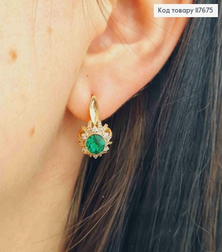 Серьги "Цветок" с Зеленым камнем Сваровски, 1,7см, англ. застежка, Xuping 18К 117675 фото 3