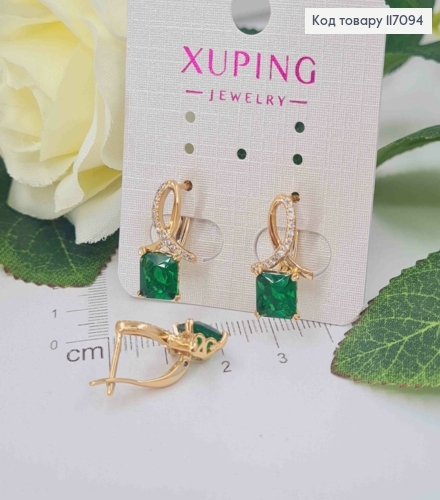 Сережки "Петелька" в камінчиках, з Зеленим камінцем, 1,9см, Xuping 18K  117094 фото 2