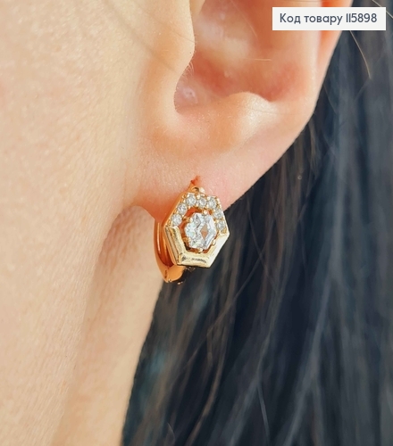 Сережки кільця 1см, Шестигранник з камінцем, Xuping 18K  115898 фото 2