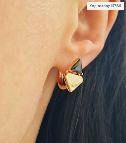 Сережки кільця 1,4см, Ромбик з Трикутним Чорним камінцем, розмір 1,5*1см, Xuping 18K 117366 фото 2