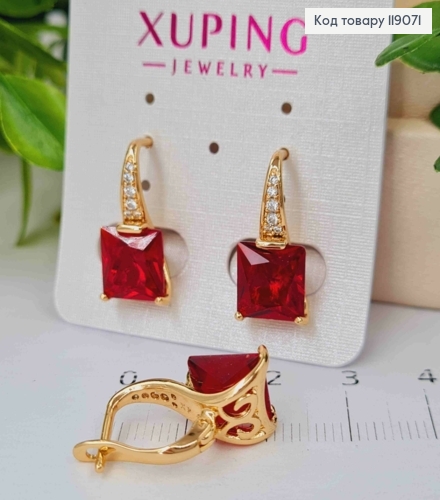 Сережки з Червоним квадратним каменем, 2см, англійська застібка, XUPING 18K 119071 фото 2