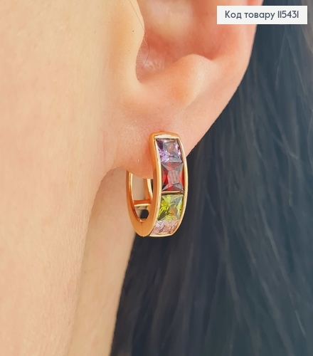 Сережки кільця, з кольоровими камінцями темних тонів, 1,5*0,5см Xuping 18K 115431 фото 2