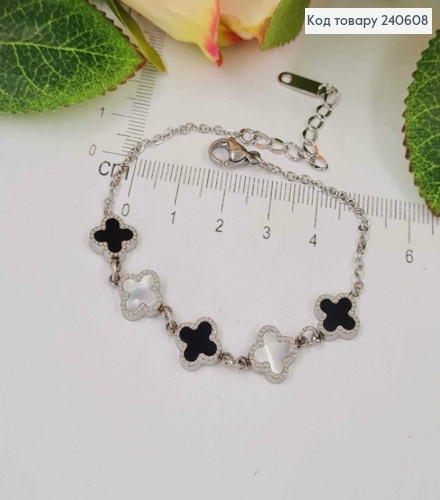 Браслет серебряного цвета "Van Cleef" с белой и черной эмальлькой, 17+3см сталь Stainless Steel 250025 фото 2
