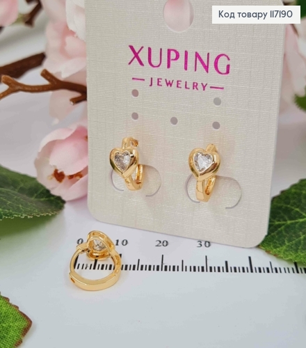 Сережки кільця 1,1см "Серце" з камінцем  розмір сердечка 0,6см,  Xuping 18K 117190 фото 2