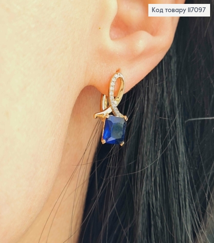 Сережки "Петелька" в камінчиках, з Синім камінцем, 1,9см, Xuping 18K  117097 фото 2